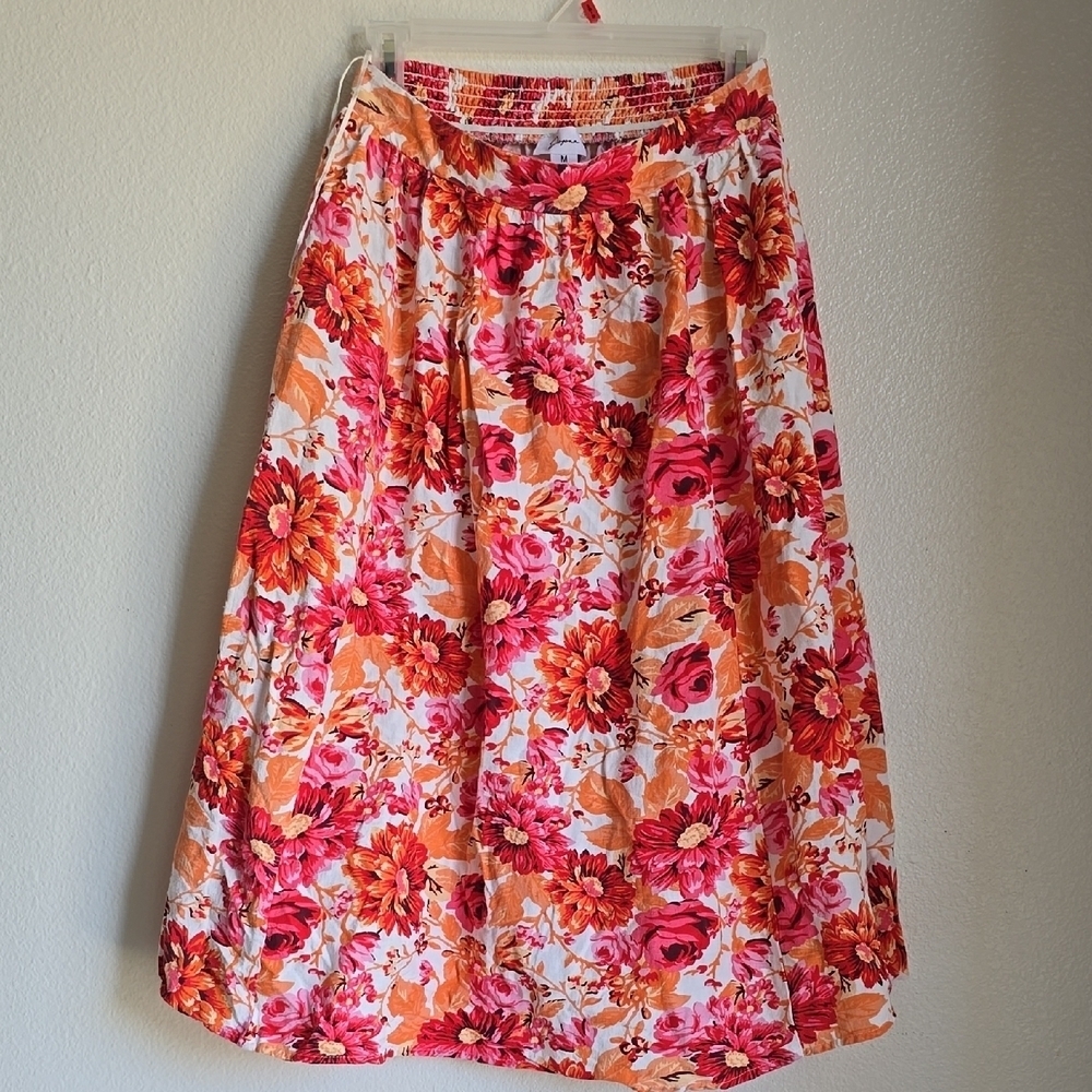 Pink and Red Smocked A-Line Midi Skirt - Picture 1 of 9